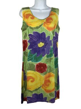 Vintage 80s Jams World Hawaiian Shift Dress Size M Green Purple Abstract Floral